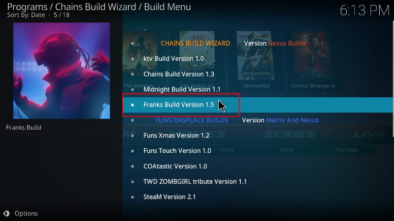 Franks Kodi Build on Chains Wizard