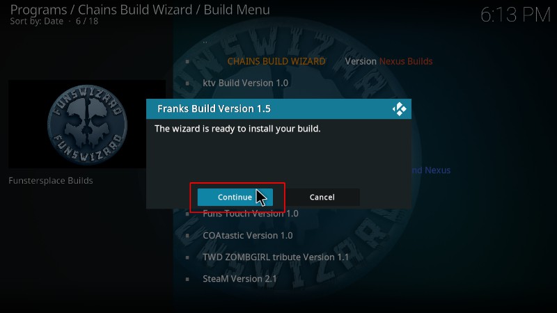 install Franks Kodi Build - click Install