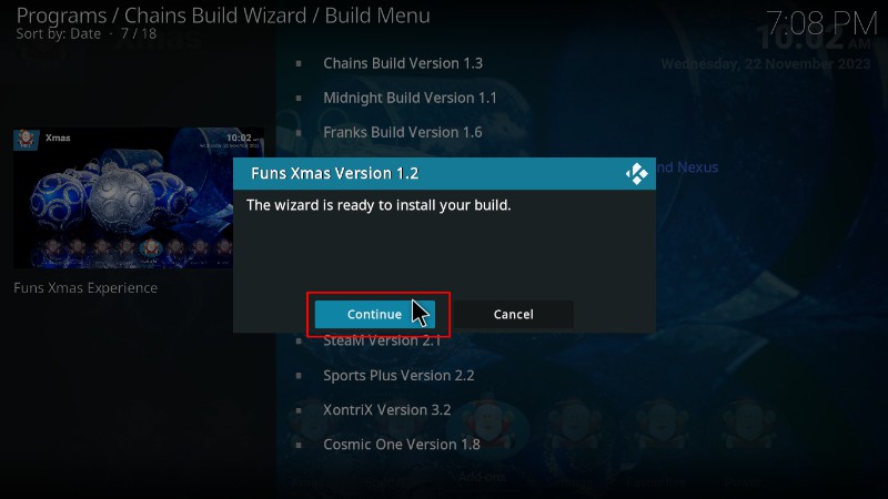 Continue button to install Funs Xmas Kodi Build