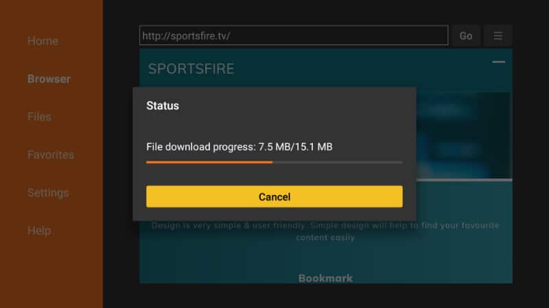 SportsFire is downloading the apk to install on Firsetick