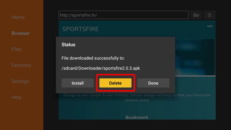 Confirm delete SportsFire apk after installation