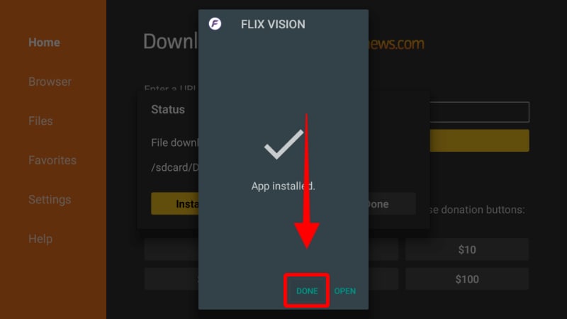 Done option for install Flix Vision on Firestick
