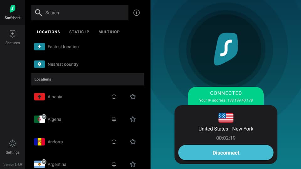 Surfshark VPN connected to New York