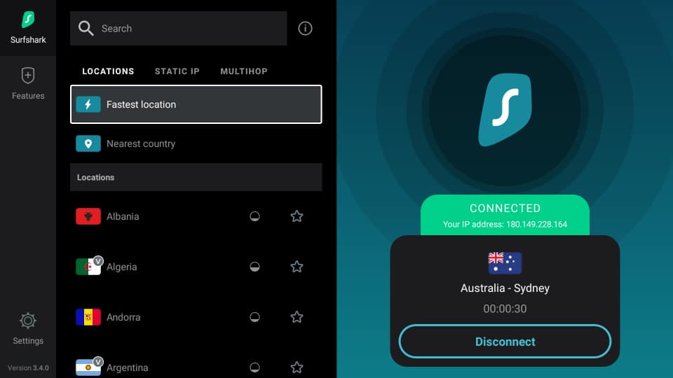 Surfshark connected to fastest location