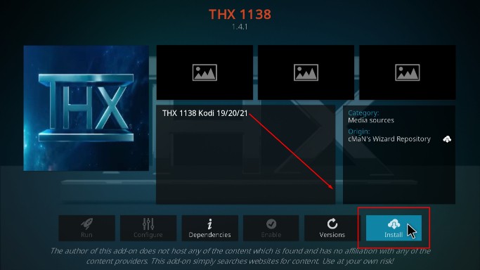 Hit install to install the THX 1138 Addon on Kodi