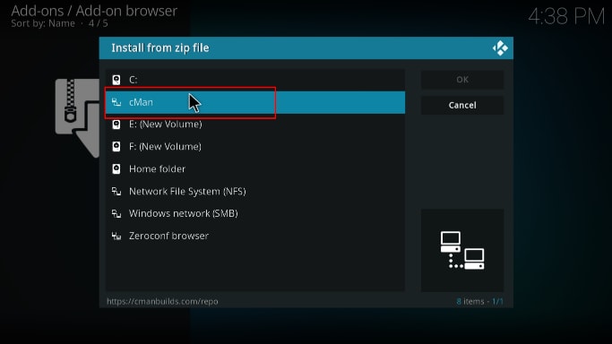 Select cMan Wizard Zip URL to install the repository of BL Sports Addon on Kodi