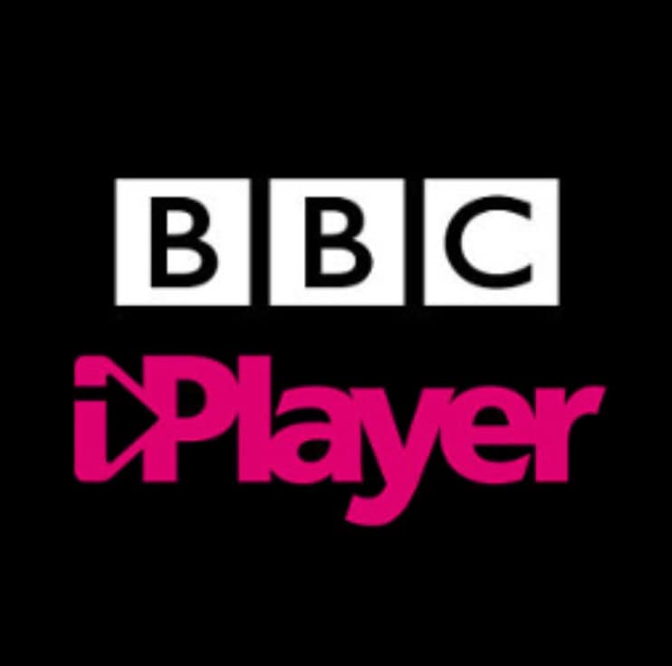 Alt text: BBC iPlayer logo with black background, featuring pink and white text for media streaming.