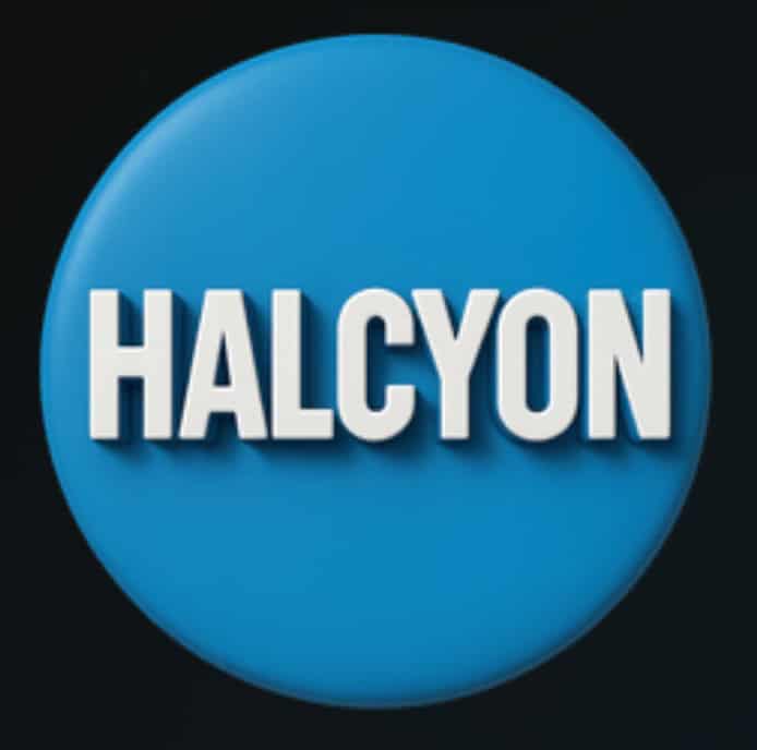 Alt text: Halcyon logo displayed on a blue circular background for tech branding.