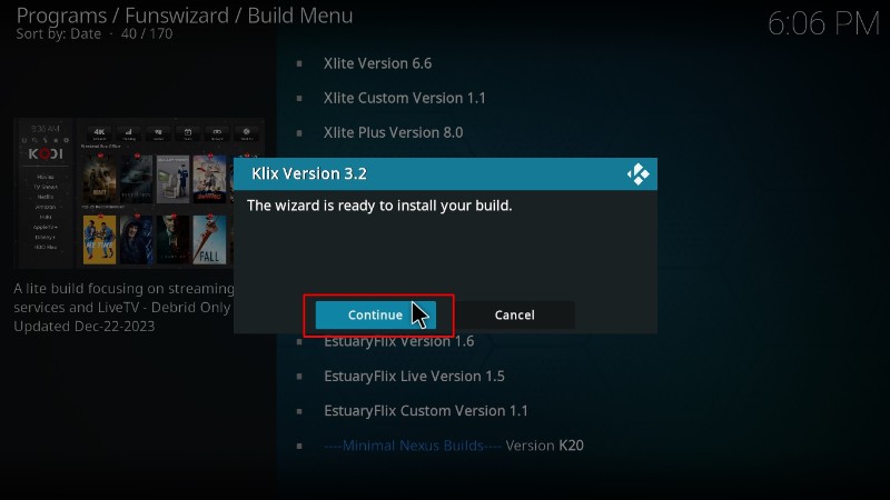Continue button to Install Klix Kodi Build