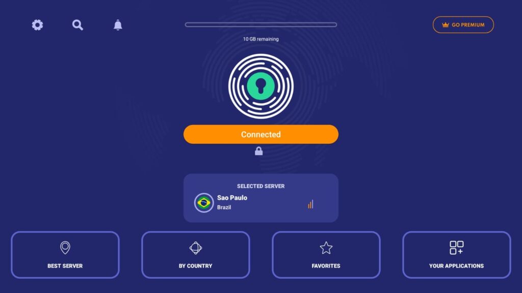 VPN interface displaying connection status and server options for safe streaming experience.