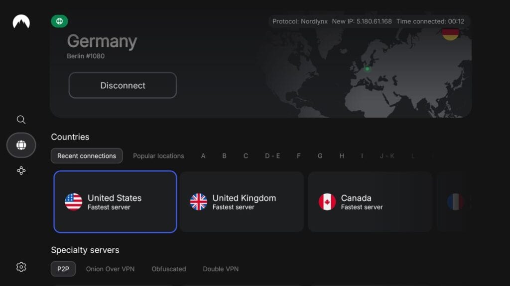 NordVPN server selection