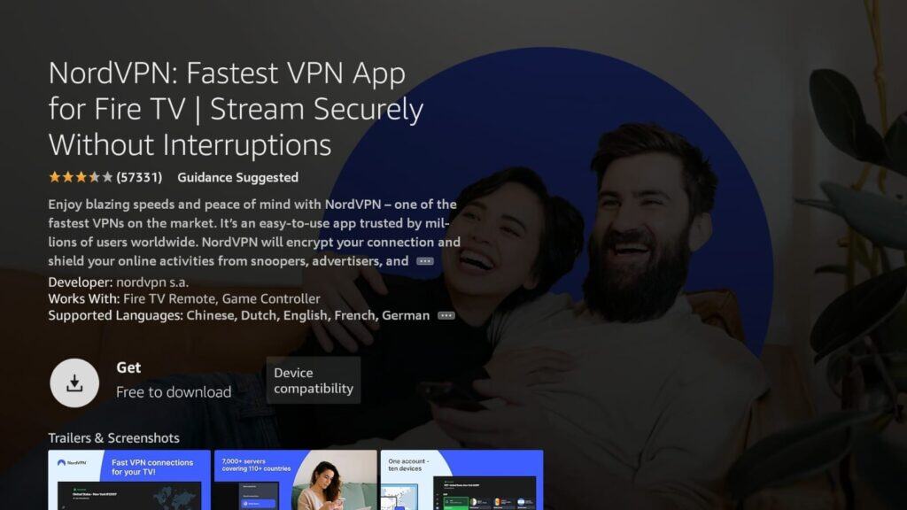 NordVPN app on FireTV