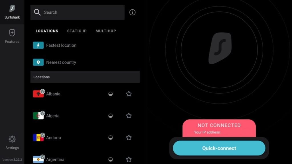 VPN network connection on Android device with selected country options.
