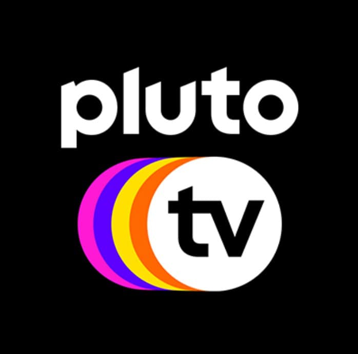 Pluto TV streaming service logo on a black background, representing free live TV and on-demand content.