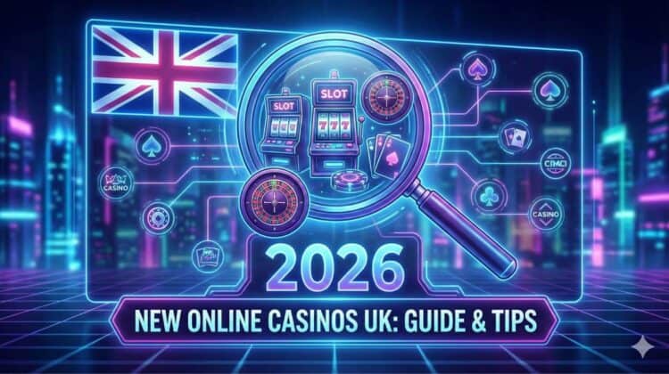 Neon casino graphics with UK flag, slot machines, chips, and cards for online gambling tips.