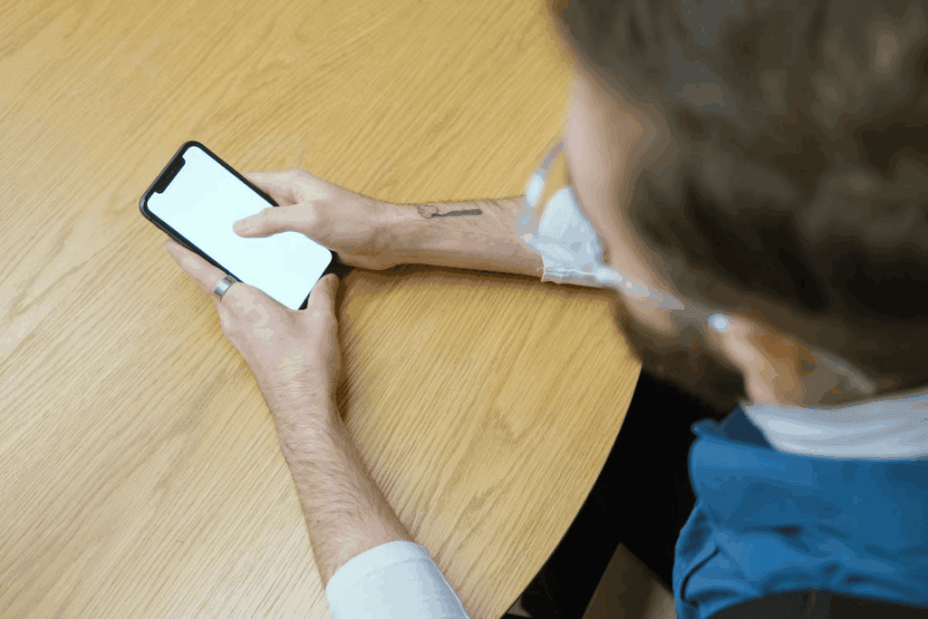 Person using a smartphone at a wooden table.