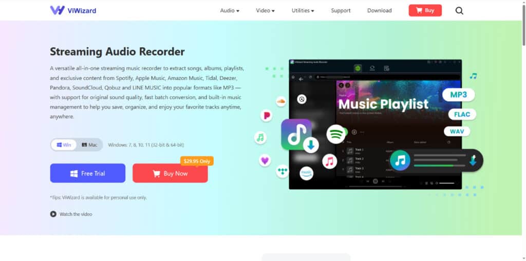 Streaming app interface with music services like Spotify, Amazon Music, and Pandora.