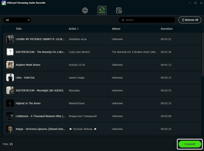 SoundCloud music download interface with playlist and track details.