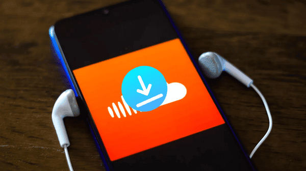 Download icon on smartphone with earphones, app download concept.